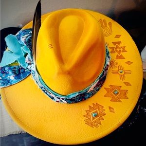 Hand burnt mustard felt fedora, wide brim